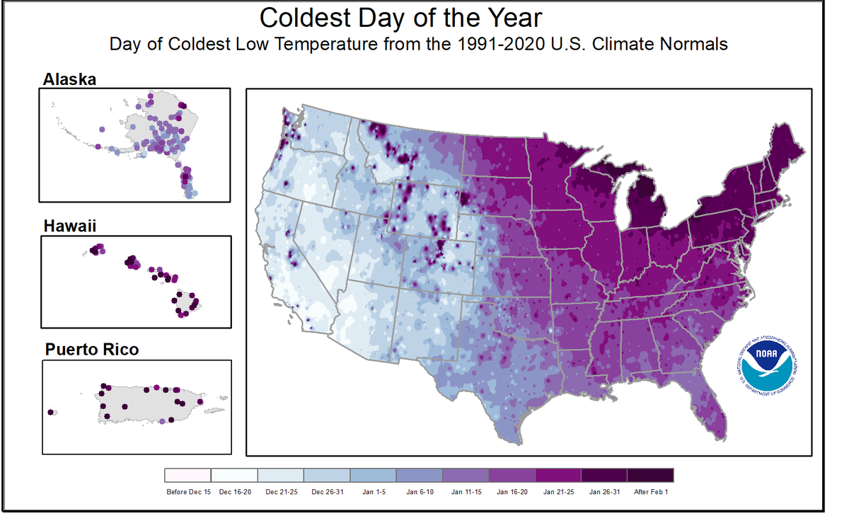 NOAANCEI's tweet photo. 🧊 The projected coldest day of the year is fast approaching for the eastern half of the United States! Know when to expect it by using NCEI’s “Coldest Day of the Year” map below, and learn more: https://t.co/ax5Lt0i4ZV #ColdestDay https://t.co/dyIjblCvuC