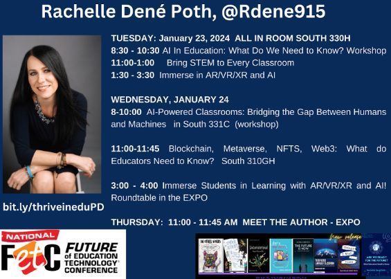 Are you headed to the @FETC conference? Take a selfie 🤳 with one of our authors @rdene915 She'll be there talking about #AI, #AR #VR #STEM #metaverse & more! #education #edtech #FETC
