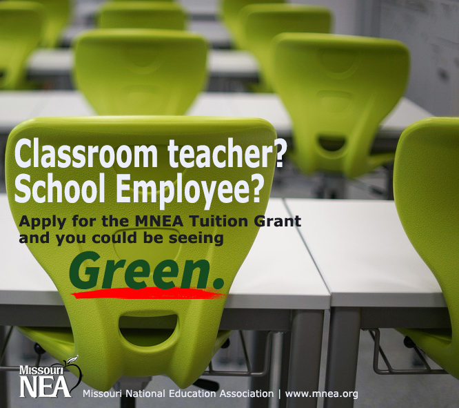 Are you a probationary teacher or a school employee? 
Are you taking college classes? 
Are you a member of Missouri NEA? 

If the answer is YES to all three questions...APPLY for the $500 Tuition Grant sponsored by Reliant Financial Services. 
Due Jan. 31.
mnea.org/tuitiongrant