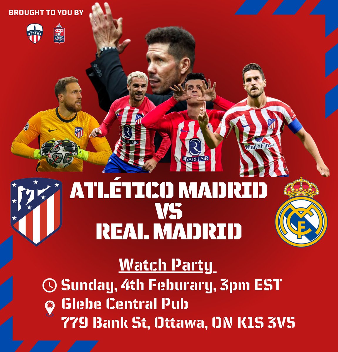 CapitalCitySG's tweet photo. Powered by @atletiOttawa and in partnership with CCSG, we are proud to bring to you a Madrid Derby watch party supporting our very own @Atleti! Join us at the @GlebeCentralPub for an unparalleled match experience! 

#AtletiRealMadrid #AtléticoMadrid #ForOttawa #PourOttawa https://t.co/bzfrQSCipO