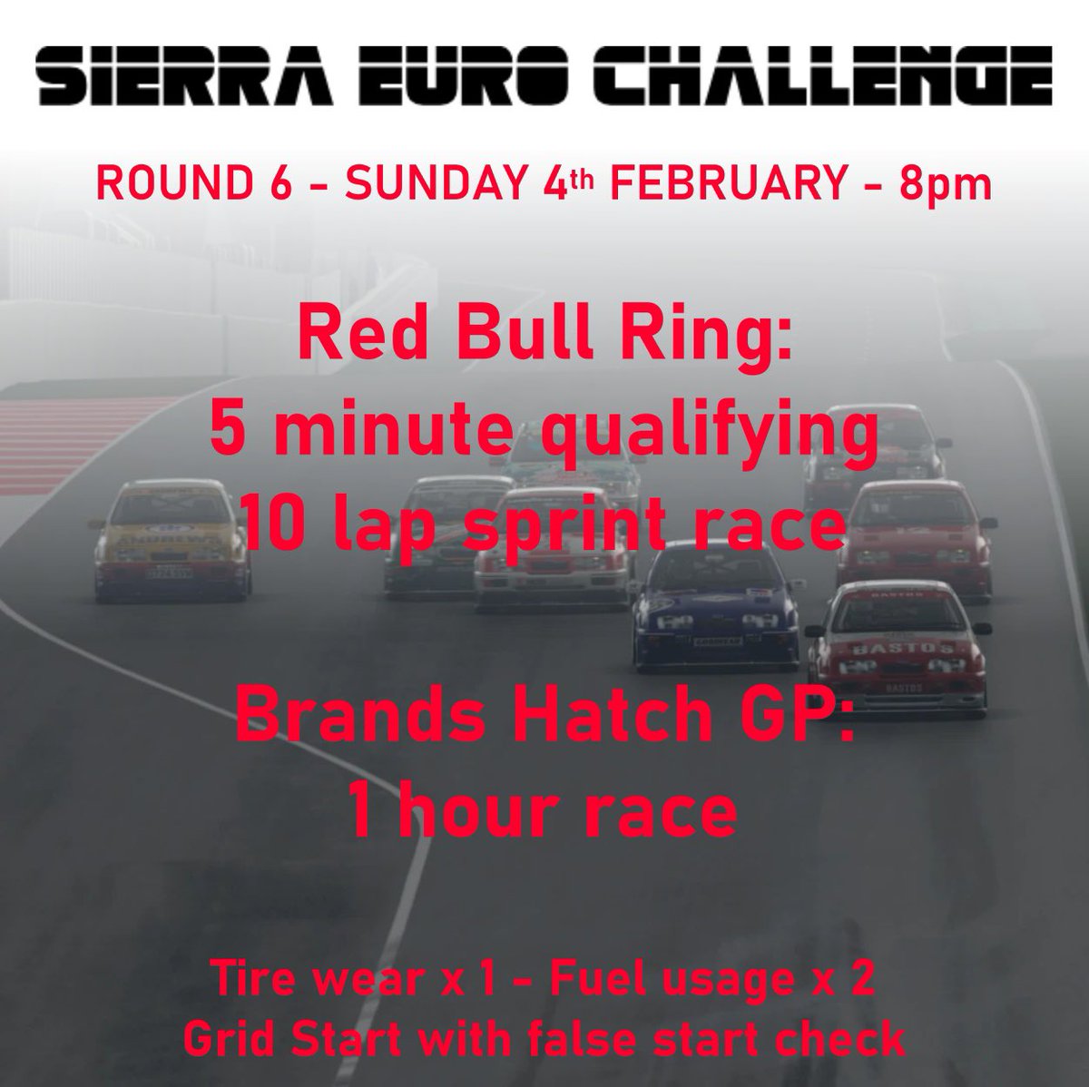 🚨 ROUND 6 🚨 Sunday 4th February - 8pm Slight change to proceedings so we can get the championship closed up: 5 min qualy and 10 lap race at RBR with half points awarded (No FL point) This will set the grid for a 1hr enduro at Brands GP with full points and 1pt for FL