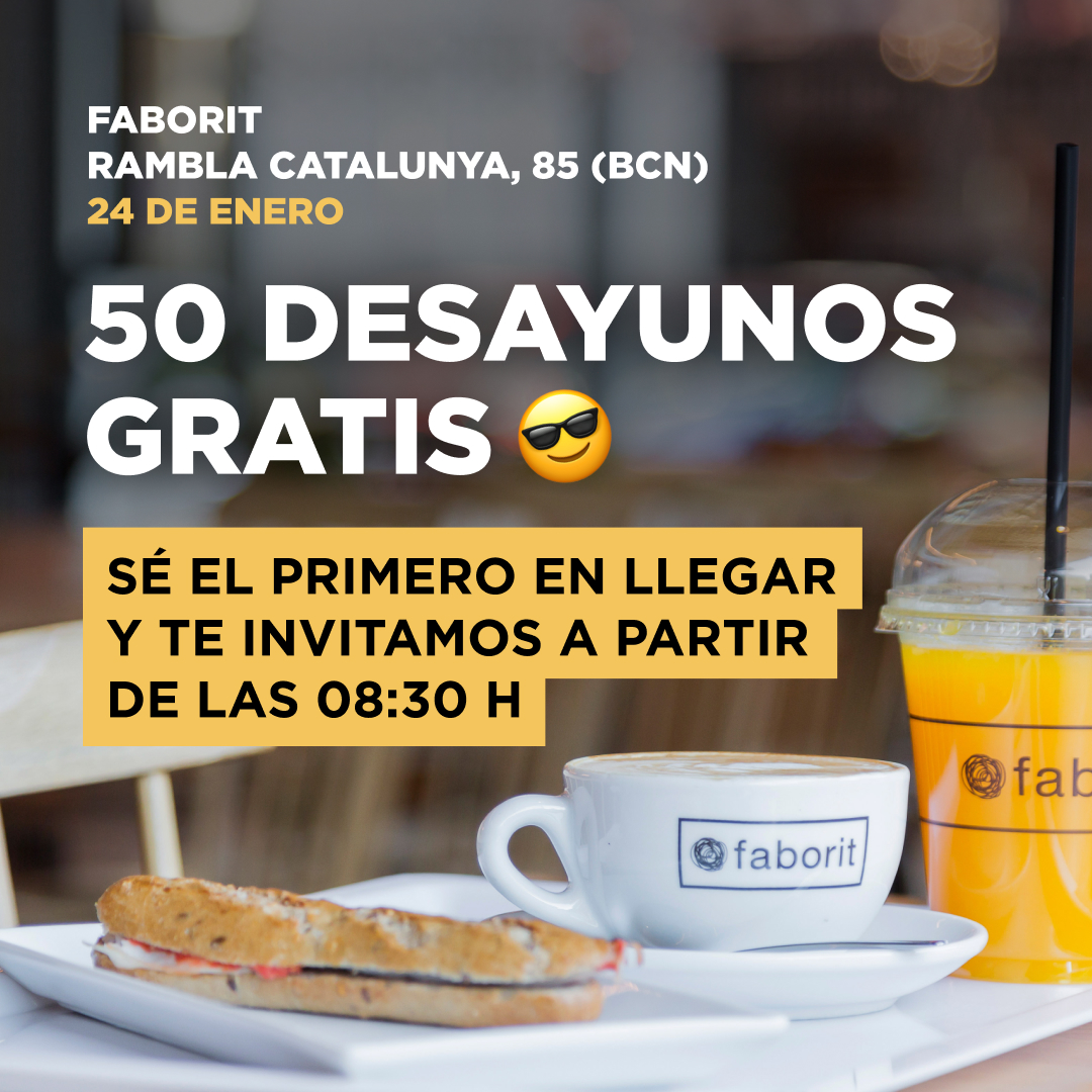 Faborit's tweet image. ¡Nuevo Faborit en Rambla Catalunya, 85 (BCN)! 🎉Ven a conocerlo el miércoles 24 de enero. Los primeros 50 en llegar a partir de las 08:30h tienen gratis un Menú desayuno tradicional. Y los 50 primeros a partir de la 13h tendrán un Menú ensalada o Menú panino.