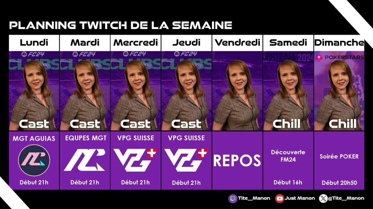 🔥PROGRAMME TWITCH de la semaine🔥

➡️twitch.tv/tite__manon