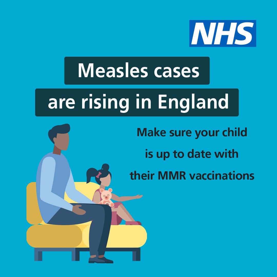 Measles cases are rising in England.

Make sure your child is up to date with their MMR vaccinations.

More information: nhs.uk/MMR