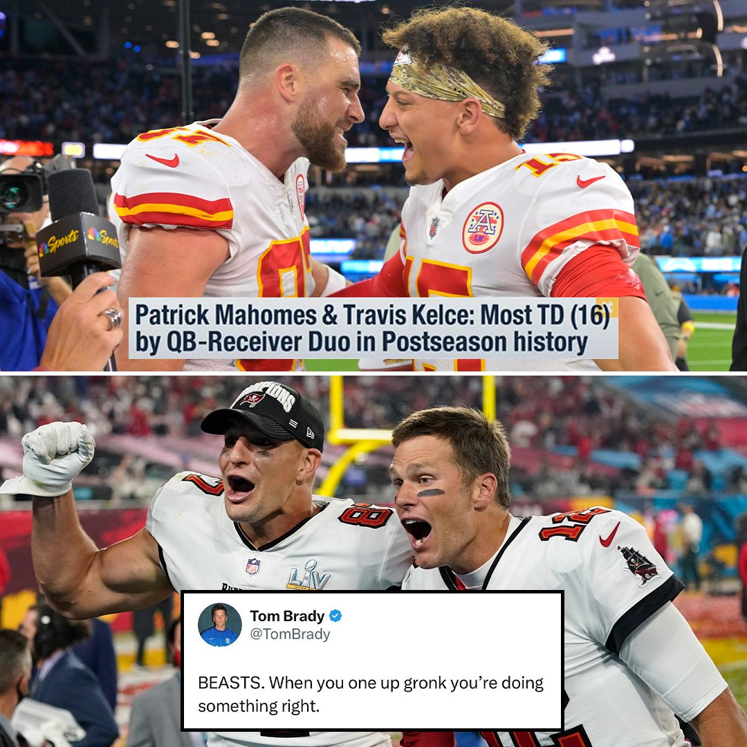 NFL's tweet photo. .@PatrickMahomes and @tkelce breaking @TomBrady and @RobGronkowski's playoff record. 👏 #NFLPlayoffs https://t.co/mkkb2Cv5Oa