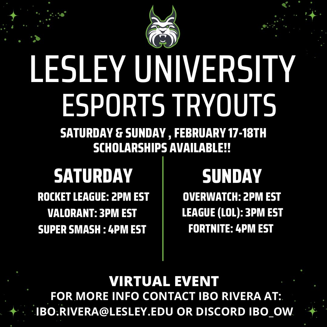 Fall 2024 Tryouts 🎮
Virtual Event- Saturday &amp; Sunday February 17th &amp; 18th 

Open to non-committed players 

SCHOLARSHIPS AVAILABLE 🚨

DM for more information! 
Please Share!