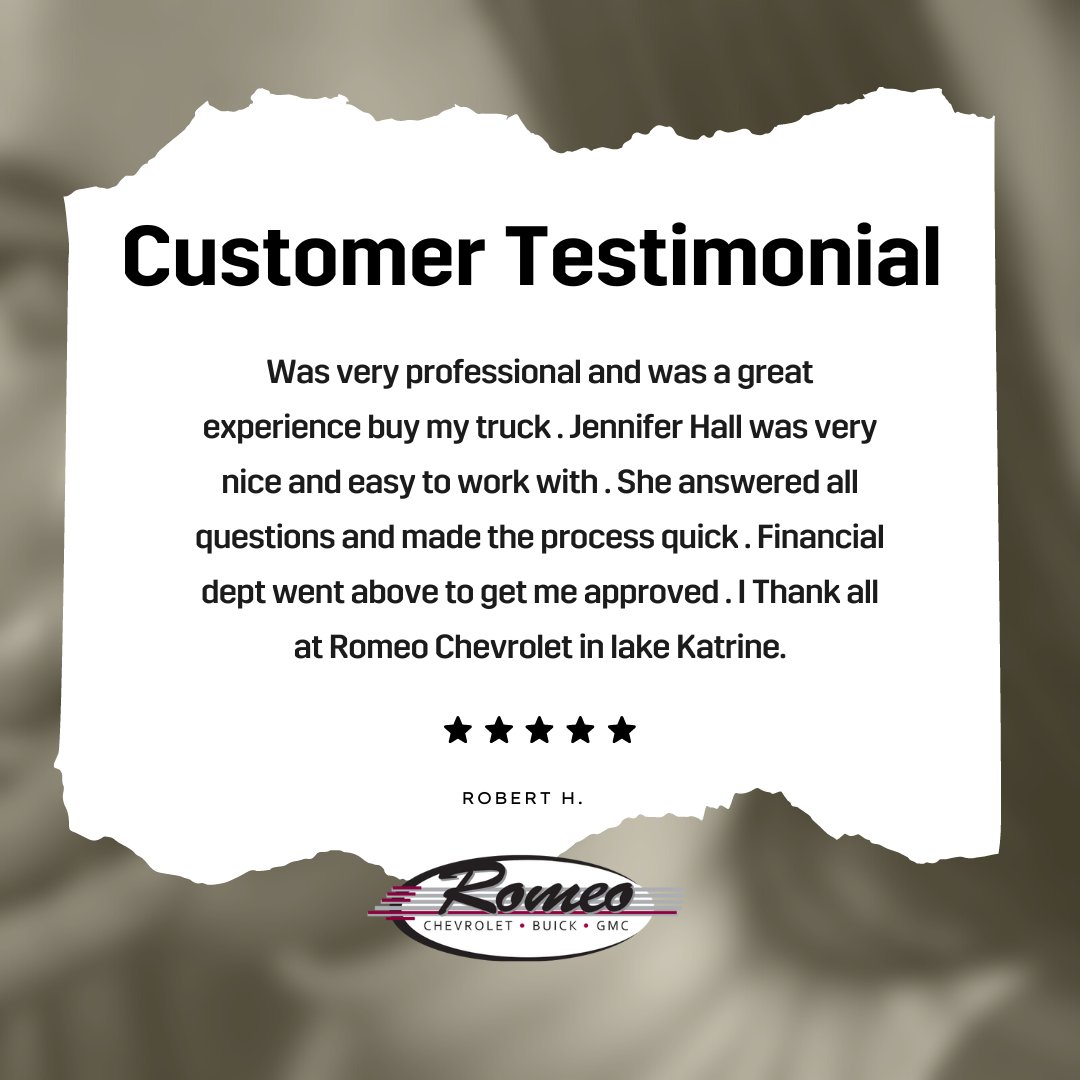 RomeoAutoGroup's tweet image. Thank you for the wonderful review and shout out to Jennifer. We are happy to hear everything went well for you during your experience at Romeo Chevrolet Buick GMC! ⭐ #CustomerSatisfaction