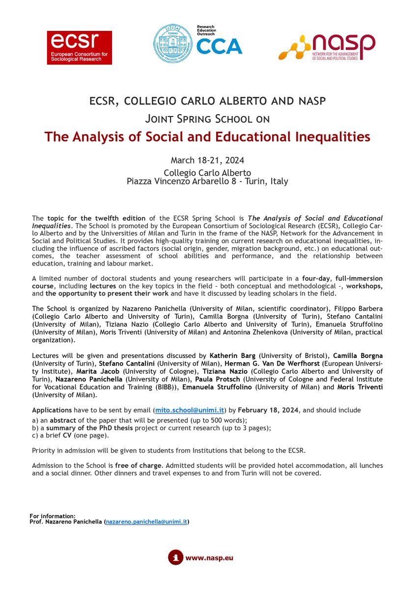 naza_panichella's tweet photo. 📢 Time is ticking! ⏰ Join the Spring School 2024 on educational and social inequalities hosted by @ECSR_Soc @nasp_school @CollegioCA! 🌱📚
🚨 The call for papers closes on February 18th, 2024.
🗓️ Don't miss this opportunity! #SpringSchool2024 #SocialScience #CallForPapers https://t.co/PZLLTbWXg0