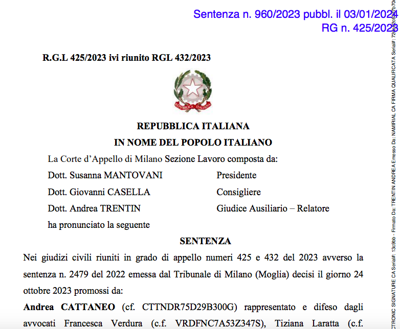 labour_lawyers's tweet photo. App. Milano 3 gennaio 2024, n. 960: il #trattamento #salariale previsto dal Regolamento aziendale di Italia Trasporto Aereo S.p.a per il personale svolgente mansioni di #Capo #Cabina deve ritenersi illegittimo perché non conforme all'art. 36 #Cost.->https://t.co/y77SE8BbAD https://t.co/mZNdANfG61