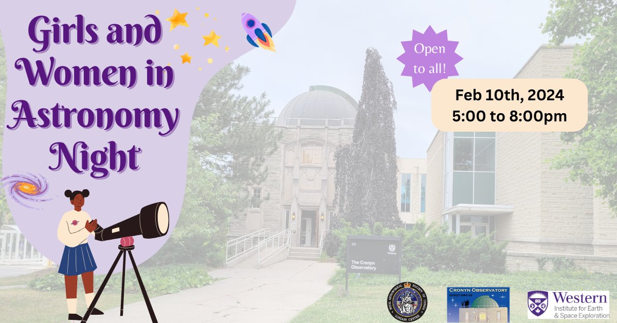 Celebrate Girls and Women in Astronomy with us on February 10th, 2024, at Cronyn Observatory! Get a chance to hear from an expert panel about women in astronomy. Plus, enjoy a fun-filled evening with Trivia, an interactive Activity Center, and Stargazing (weather permitting).