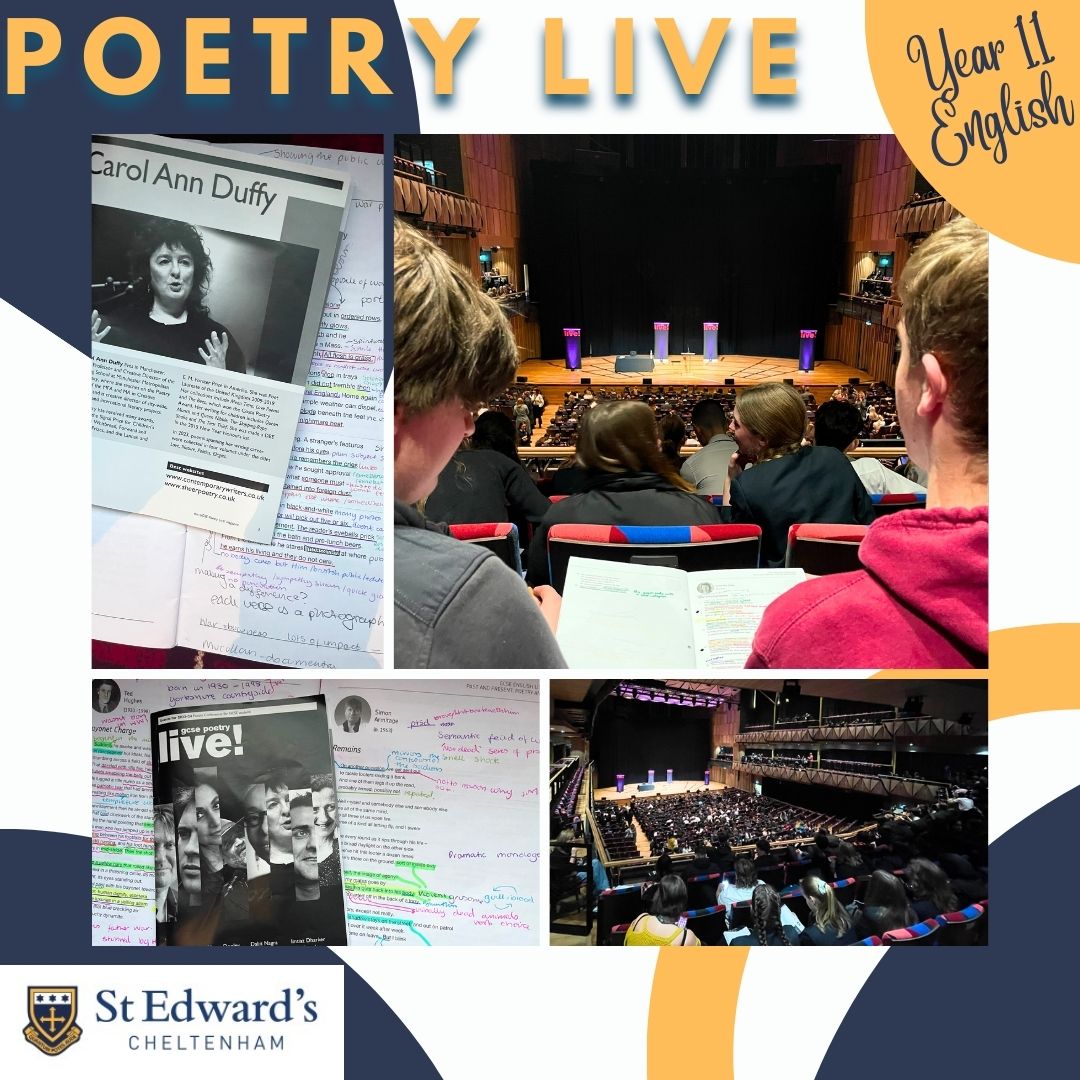 StEdwardsChelt's tweet photo. Year 11 travelled to Bristol to listen to some of Britain's best loved poets perform from the GCSE Poetry Anthology. With tips from the Chief Examiner and Q&amp;A sessions with Carol Ann Duffy, John Agard &amp; Simon Armitage, there was something for everyone!
#SECEnglish #SECYear11 https://t.co/1A8qAgSHp4