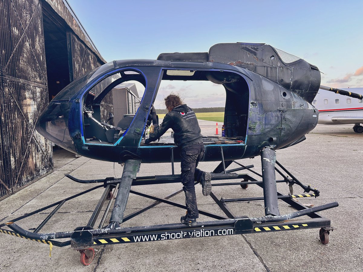 ShootAviation's tweet photo. Our rather sad looking Md600 hits the workshop for a total refresh.. #ukfilm #gimbal #studioset https://t.co/kjl9FrlWYw