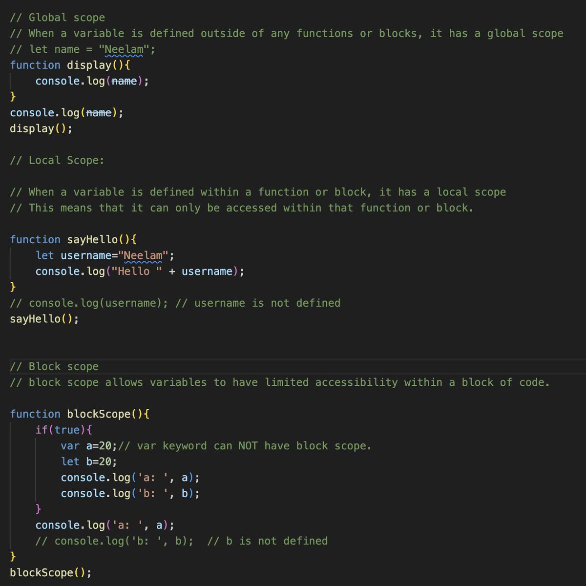 NeelamLatwal's tweet photo. Day 23 of #100DaysOfCode  Today I learn about scope in javascript .
There are three types of scopes available in JavaScript: 1. Global Scope 2. Local / Function Scope 3. Block Scope
#JavaScript #WebDevelopment #FrontEndDevelopment #DeveloperCommunity https://t.co/YSw2aNREbs