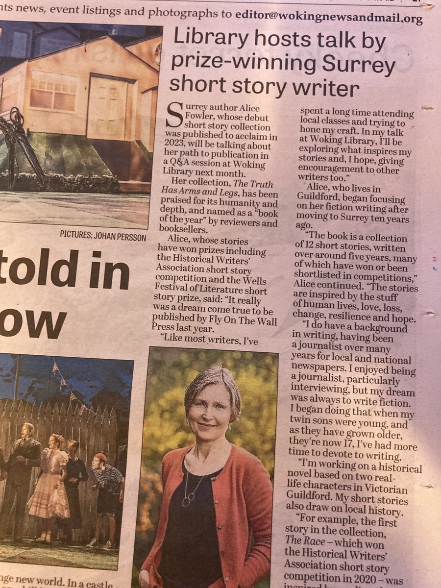 AliceFwrites's tweet photo. Thanks very much to @Woking_NewsMail for this feature, mentioning my talk at @WokingLibrary on Feb 22. Lots of tickets left, #writers and #readers around #Woking, please book here: https://t.co/hD7IK5wJaJ
#shortstories @fly_press #TheTruthHasArmsAndLegs https://t.co/QkXARUE120