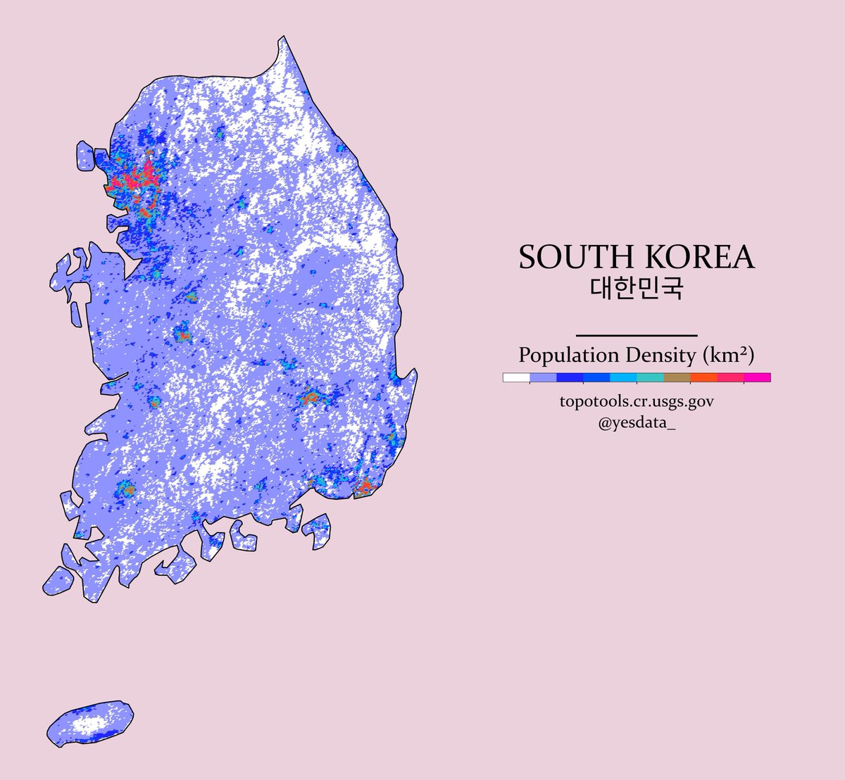 🔎 Series: Population Density (No. 1) - South Korea

South Korea’s population density is substantial, with 515.56 people per square kilometer. It contributes to the vibrant urban life that South Korea is known for.

🔧 Tools: Python (Rasterio, Geopandas, Shapely, JenksPy)
~
