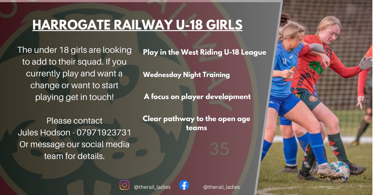 Great opportunity to join the Railway family, get in touch to hear how we can help develop players in this age group. 
@THERAILFC @_WRGFL #Harrogate #hergametoo
