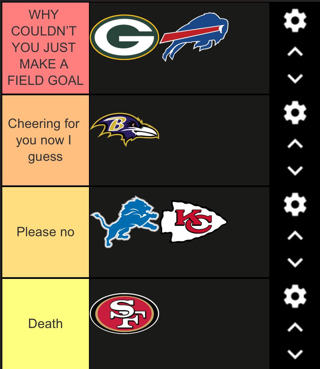 GOATRodgersSZN's tweet photo. My updated Super Bowl rooting tier list (why does this have to be the final four teams) https://t.co/OOSodcRd6k