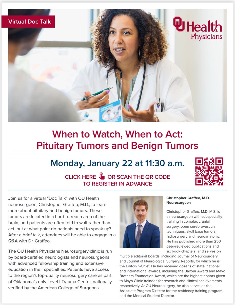 Starting in about an hour, I'm giving an @OUHealth @OU_Neurosurgery #DocTalk on #PituitaryAdenoma, targeting our referring physicians and interested patients... register here for free, 1130 CST:

oumedicine.zoom.us/webinar/regist…