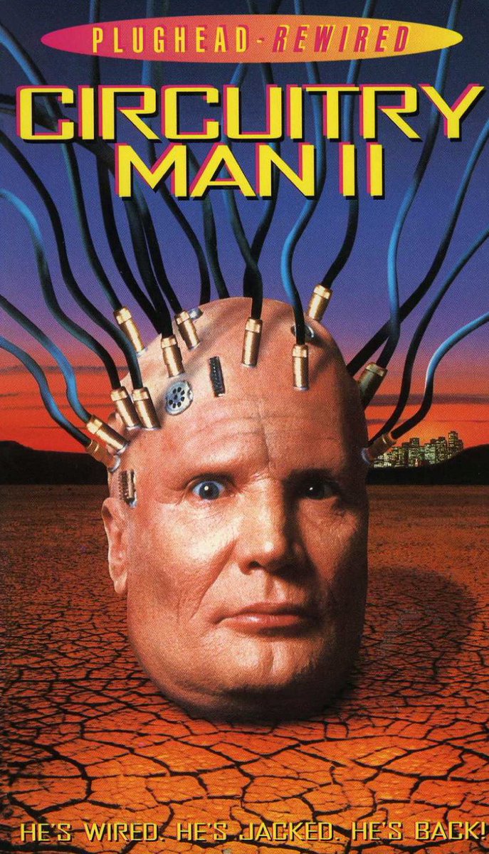 ☢️#123. Plughead Rewired: Circuitry Man II, 1994. The scenery devouring #VernonWells returns as the titular #Plughead in a bafflingly unnecessary retread. A grab bag of shrill comedy beats, vague sci-fi concepts, and meandering #postapocalyptic silliness. #Sobaditsgood. 2.5/5 ☢️