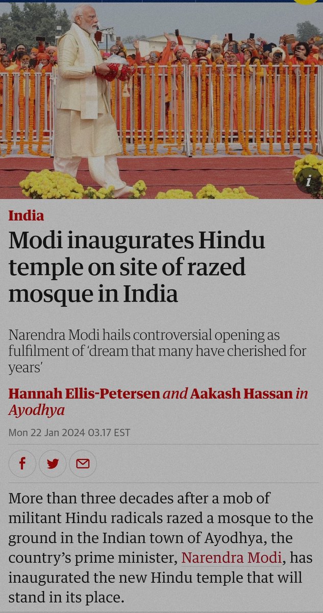 ikasnik's tweet photo. How to factually report #RamMandirPranPrathistha

"More than three decades after a mob of militant Hindu radicals razed a mosque to the ground in Ayodhya, prime minister, Narendra Modi, has inaugurated the new Hindu temple that will stand in its place."
https://t.co/AMI8kuC2xi https://t.co/ucTXm7ZZZ4