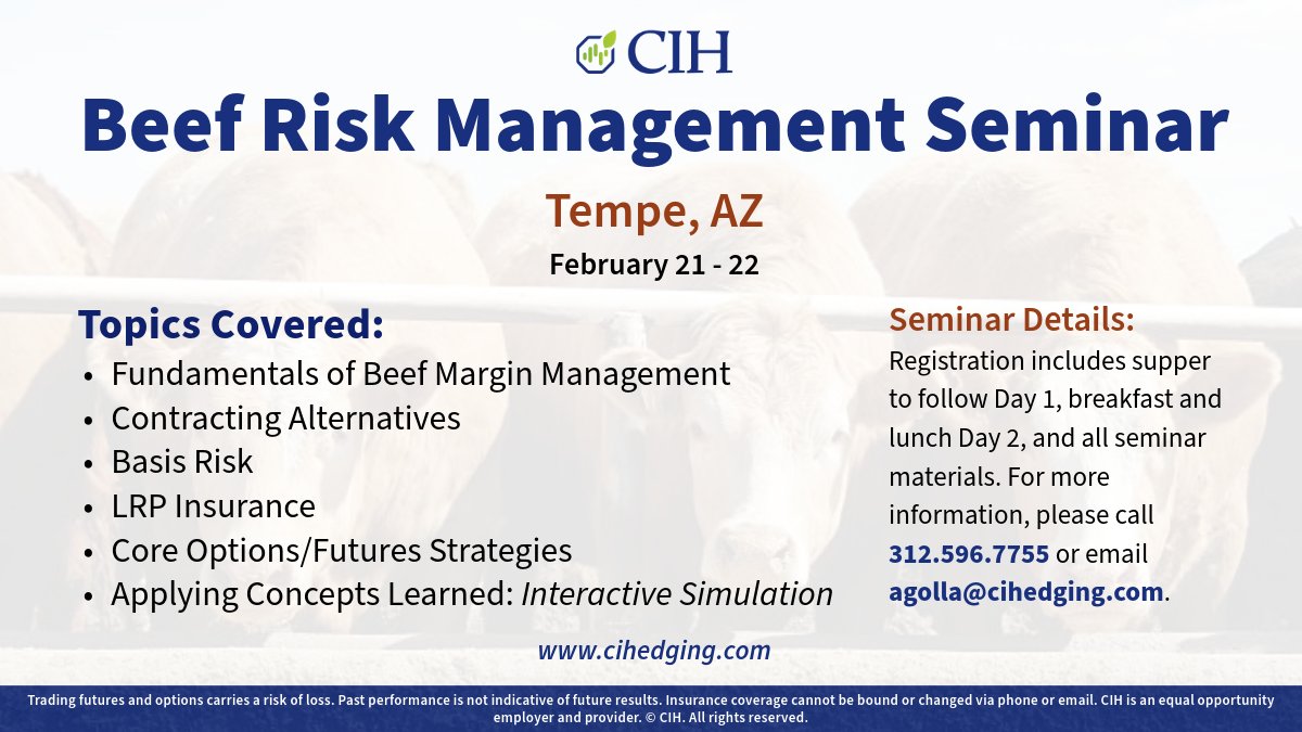 CIHedging's tweet photo. We are 1 month away from our Beef Risk Management Seminar in Tempe, AZ. Reserve your seats here ⬇️:
https://t.co/RlDei2P0WL
#cattle #hedging https://t.co/UvTQ95aH0h