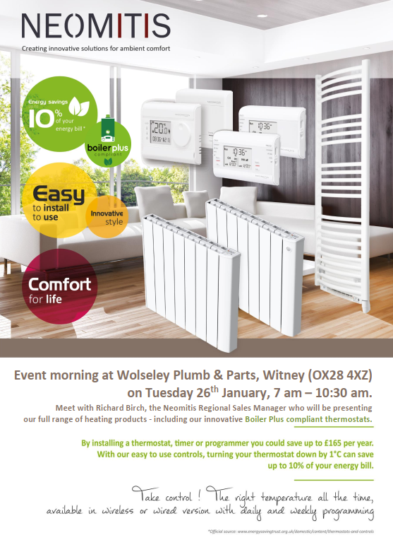 neomitis's tweet photo. Our RSM Richard Birch will be showcasing the #Neomitis product range at @WolseleyP_P Witney (OX28 4XZ) on Tuesday 26th January, 7 am – 10:30 am📍
Visit to see how easy our products are to use and install!
#Controlofchoice📷 #Thermostat #Electric #Radiators #TowelWarmers https://t.co/skem8l3NEm