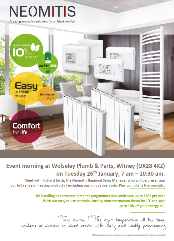 Our RSM Richard Birch will be showcasing the #Neomitis product range at @WolseleyP_P Witney (OX28 4XZ) on Tuesday 26th January, 7 am – 10:30 am📍 Visit to see how easy our products are to use and install! #Controlofchoice📷 #Thermostat #Electric #Radiators #TowelWarmers