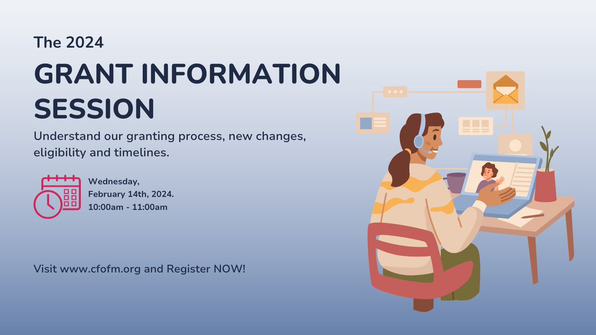 Calling all changemakers! Join us for the 2024 CFofM Grant Info Session. Explore funding options, learn about focus areas, and get ready to apply. 📅 Feb 14, 10-11 am via Zoom. Secure your spot – register today! #GrantsInAction #CFofM2024 🚀