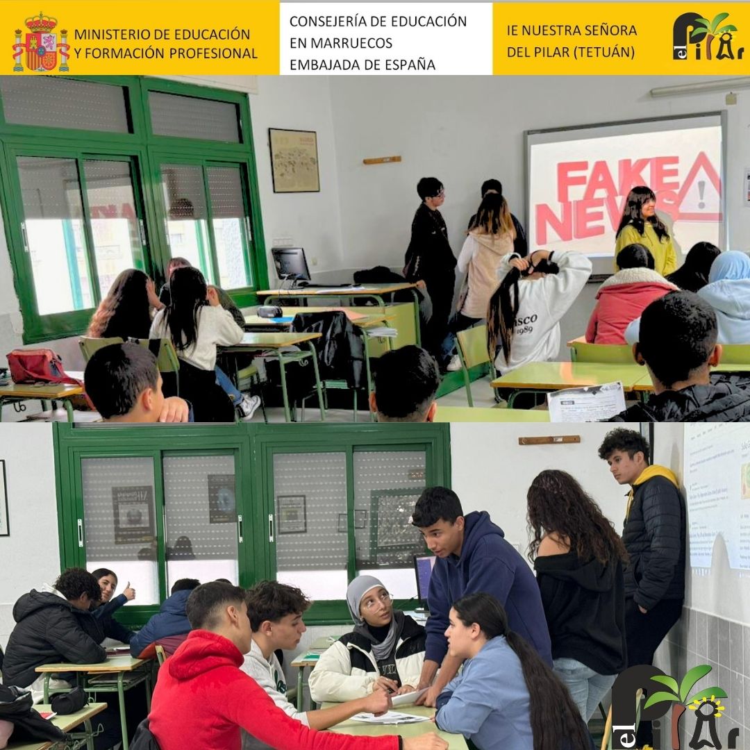 ElPilarTetuan's tweet photo. Gracias a la Coordinación de Bienestar, el alumnado de 2ºBach A, se ha formado con materiales de IS4K para diferenciar entre noticias falsas y verdaderas. Aquí exponen su experiencia a sus compañer@s de 4ºESO. #accioneducativaexterior #IS4k #centrosespañolesmarruecos. https://t.co/NjnyoIV48Z