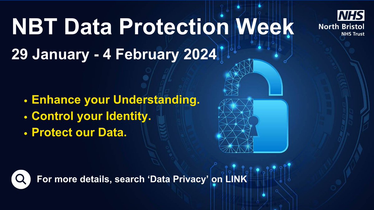 North Bristol NHS Digital (@nbrisnhsdigital) on Twitter photo Next week will see the first ever Data Privacy Week <a href="/NorthBristolNHS/">North Bristol NHS Trust</a> – an immersive campaign to promote Data Protection and Cyber Security. We'll be raising awareness, promoting dialogue, and reinforcing everyone’s role at the Trust as a ‘data guardian’. #DataPrivacyWeek Next week will see the first ever Data Privacy Week <a href="/NorthBristolNHS/">North Bristol NHS Trust</a> – an immersive campaign to promote Data Protection and Cyber Security. We'll be raising awareness, promoting dialogue, and reinforcing everyone’s role at the Trust as a ‘data guardian’. #DataPrivacyWeek