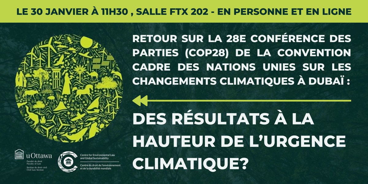 Round table 'COP 28 in Dubai: do results live up to the climate emergency?' with 3 experts who attended the COP @Lynda_Hubert_Ta, Mariam Wallet Mohamed Aboubakrine and @badoissa! Free lunch on site! ➡️Register here: eventbrite.ca/e/billets-cop-… 📍FTX 202 and 🎦 📅Jan. 30th - 11:30