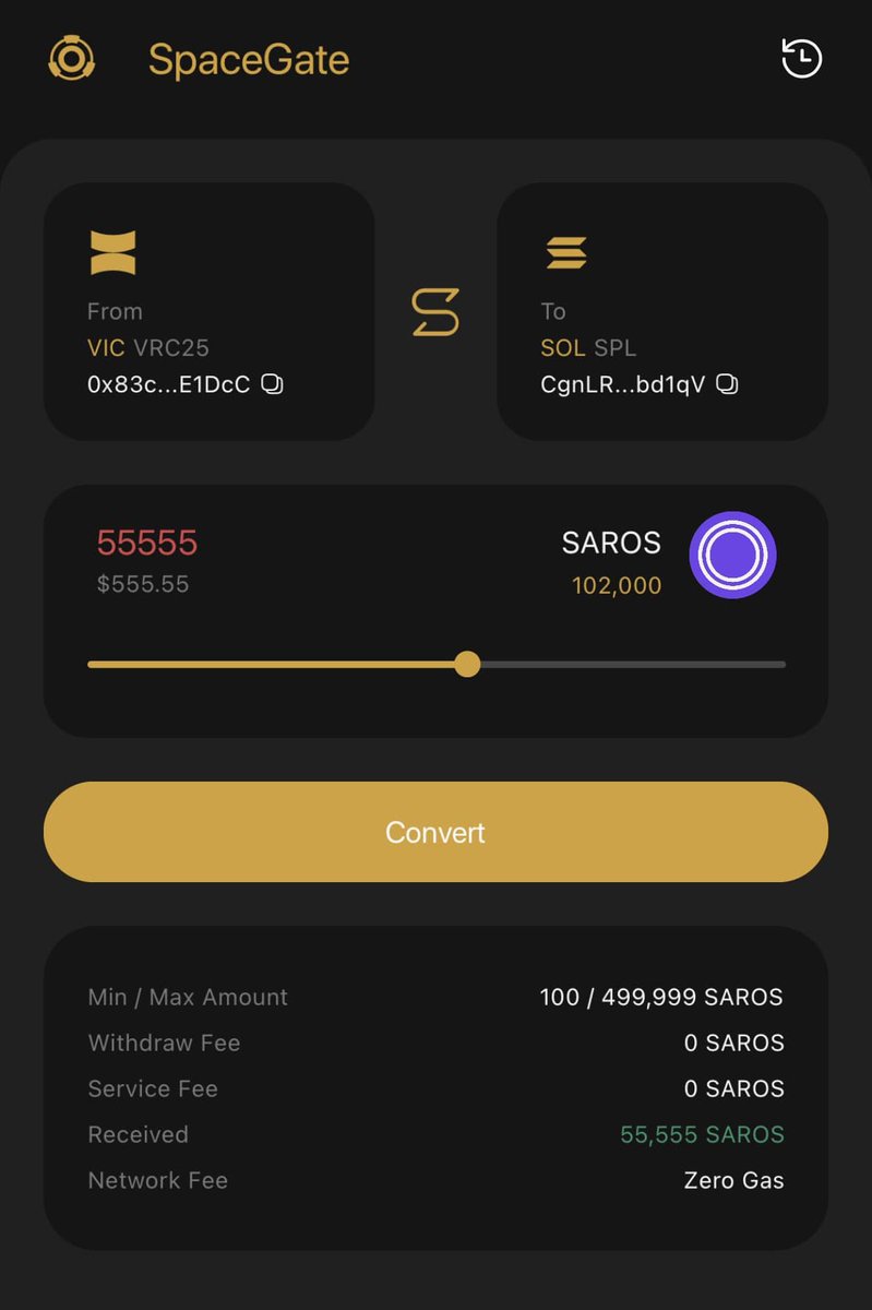 $SAROS Bridge is now available on @SpaceGateHQ 👉 VRC25 (@BuildOnViction) <> SPL (@solana) 👉 0 fee 👉 499,999 $SAROS max per tx 👉 Time finality might vary Plug in your @coin98_wallet Mobile App or Extension and BRIDGE $SAROS NOW