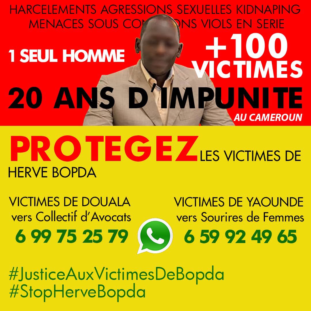 Achille_Assako's tweet photo. Les victimes ont besoin de témoigner mais pour cela, elles (hommes comme femmes) doivent se sentir en sécurité. Contactez 
(Dla) Le collectif d'avocats au 699 75 25 79
(YDE) Association Sourire de Femmes 659 92 49 65
#StopBopda 
#StopHerveBopda https://t.co/Y0uMIw4bFr