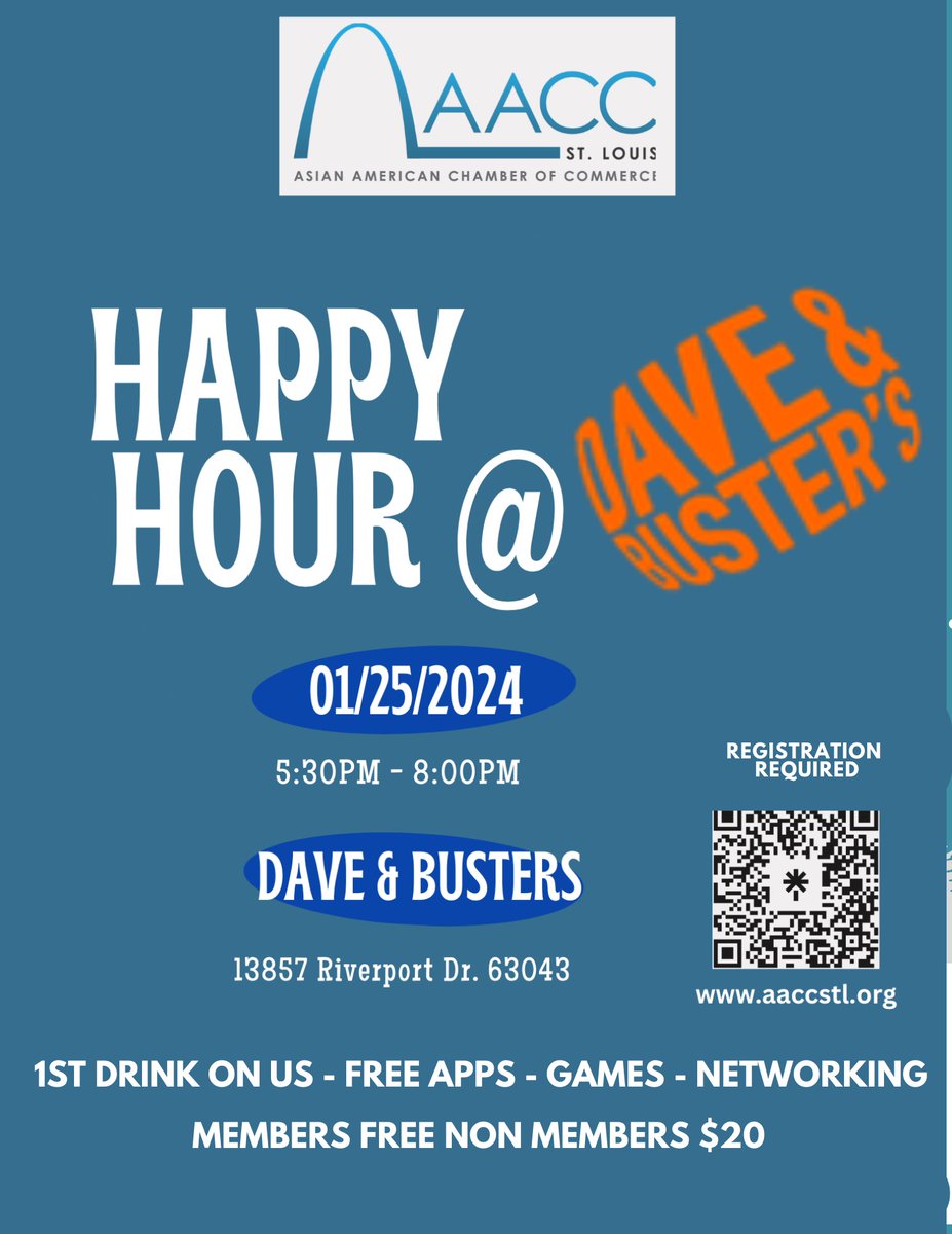 This Thursday, get ready to level up your networking game with AACC at Dave N Busters. Rub shoulders with awesome business owners, professionals, and #AACCSTL board members while enjoying free apps, games, and we'll even cover your first drink.  Reg req. linktr.ee/aaccsaintlouis.
