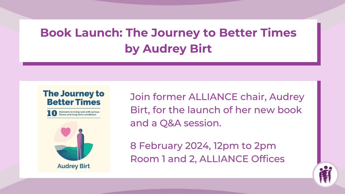 Join @AudreyBirt for the launch of her book 'The Journey to Better Times' on 8 February 2024. Her book aims to support people with various health conditions, offering hope and guidance towards sustained well-being. Find out more and register here: alliance-scotland.org.uk/blog/events/bo…