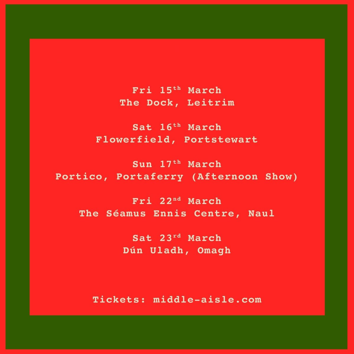 A bunch of @realtamusic dates in Ireland around St. Patricks. What's not to like?! Continuing the collaborative run w/ @myles_mccormack in support of their new album 'Thing Of The Earth' Tickets: middle-aisle.com/upcoming-gigs/