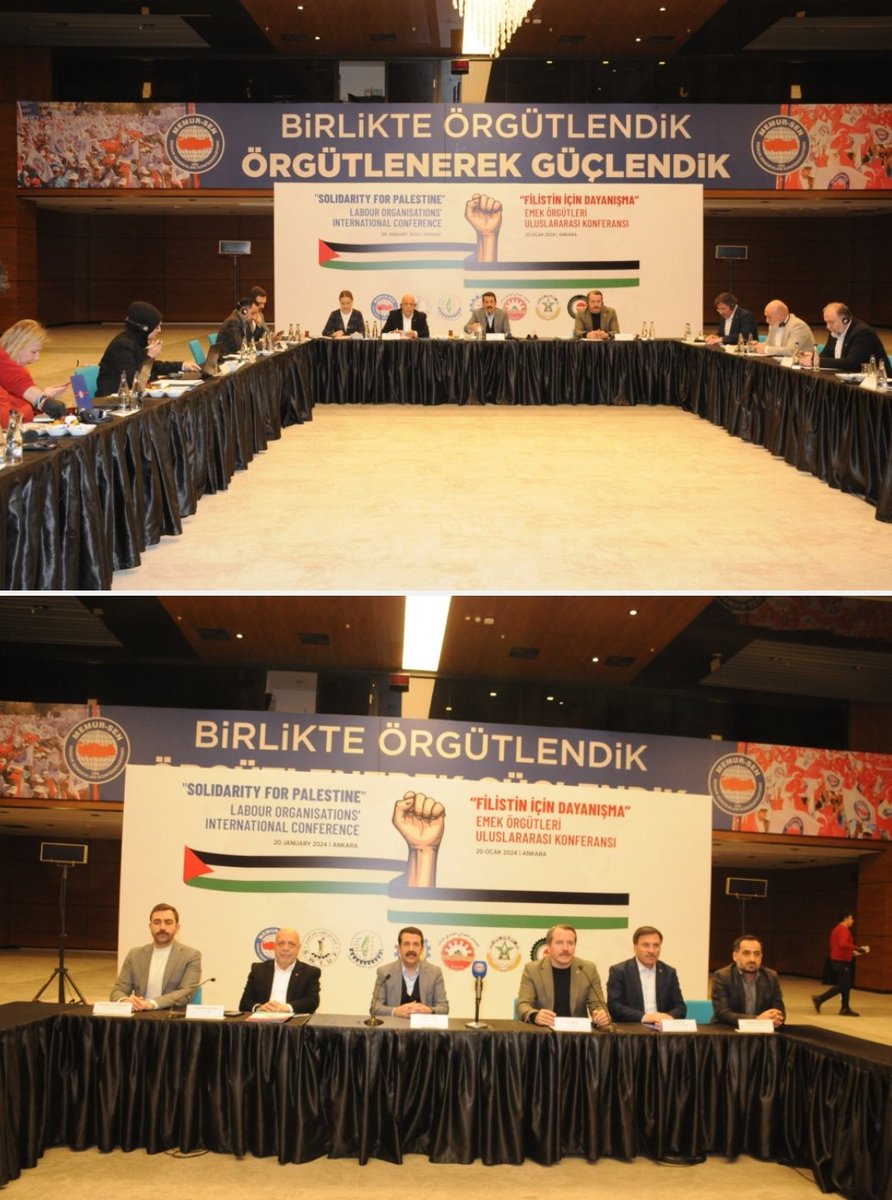 DrAhmetGok's tweet photo. "Filistin İçin Dayanışma Emek Örgütleri Uluslararası Konferansı'nı" Memur-Sen ve Hak-İş Konfederasyonlarının ev sahipliğinde gerçekleştirdik.

71 ülkeden katılan 103 konfederasyon ve 5 bölgesel emek örgütünün temsilcileriyle videokonferans yöntemiyle bir araya gelinen konferansta, İsrail'in Filistin'de uyguladığı soykırıma karşı birlikte tepki göstererek, çözüme katkı için emek örgütlerinin yapması gerekenler hususunda istişarelerde bulunuldu.

Çağrı heyetinde bulunan Türkiye'mizden Memur-Sen ve Hak-İş, Filistin'den PGFTU, Fas'tan UNTM, Malezya'dan MTUC, Sudan'dan SWTUF ve Lübnan'dan CGTL başta olmak üzere  konferansı tertipleyen ve 71 ülkeden katılım sağlayan 103 konfederasyon ve 5 Bölgesel yapının yöneticilerine ve konferansın tertiplenmesinde emeği geçen herkese teşekkür ediyorum. 

Allah cc. Gazze, Filistin başta olmak üzere zulüm altındaki tüm dünya mazlumlarının kurtuluşuna vesile eylesin inşallah.

Yaşasın Onurlu insanların küresel dayanışması!
Yaşasın tam bağımsız Filistin Devleti! 

@MemurSenKonf 
@MemurSenEng
@MemurSenFr
@MemurSenAr