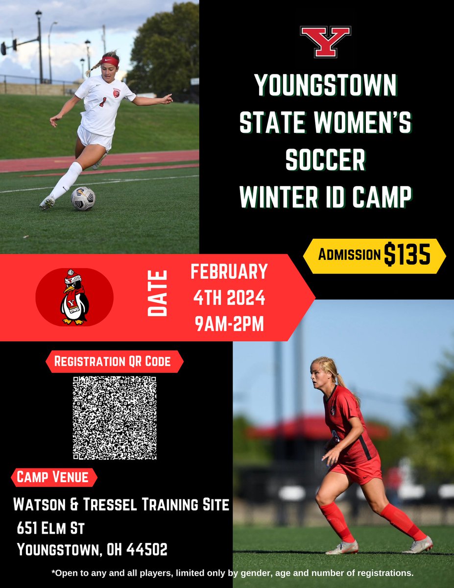 Our Youngstown State Women’s Soccer Winter ID Camp is in less than 3 weeks!!! Register with the QR Code!! We are excited to see What’s Next! 🐧 ⚠️⚠️⚠️LIMITED SPOTS LEFT ⚠️⚠️⚠️ #GoGuins #raisethebar