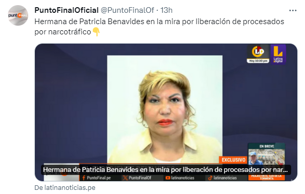 ElmerAyala_PE's tweet photo. El rol de los medios de comunicación hegemónicos responde a intereses claves, para ellos y a estas alturas, una noticia como esta sería un "refrito" ¿Que hay detrás de esta noticia?

��Pasaron 2 años ya del destape que nos reventaba en la cara, la presencia impune de una organización criminal en la justicia para la liberación de narcotraficantes? ¿Recién hoy vemos titulares que explícitamente apunten una "mira" sobre esta jueza a razón del tan temido narcotráfico? Es un hecho que venimos arrastrando desde el año 2015, si no antes y los siguientes pasos calculados que llegarían al clímax con la 'coronación' de Patricia Benavides como fiscal de la Nación, explicarían la razón de esta organización criminal y toda su estructura con brazos que que llegan hasta el silencio cómplice de estos medios informativos concentrados.

El inicio de la madeja fue la escandalosa liberación del capo 'huevo', el enriquecimiento ilícito y cambio de vida de Emma Benavides y la familia Benavides Vargas que inició con la cuestionado rol de la matriarca Emma Vargas de Benavides quien escapó de la justicia apoyada por su querida hija Patricia, las mañas históricas siempre en contra del debido proceso (aunque infructuosamente trate de convencernos de lo contrario) de Patricia Benavides y el gran aprovechamiento de esta situación de los poderes fácticos y sus corrupta clase política para quizá tener una gran arma de coacción en contra de sus oponentes, deberían ser elementos suficientes para el inmediato repudio nacional. Pero los medios informativos oficialistas concentrados, con base en Lima, por alguna razón buscaron ocultarlo.

Afortunadamente varios medios que están fuera de esa esfera concentrada que suele dotar de carácter oficial a las noticias, fueron generando opinión aunque muy a largo plazo, puede no ser casual que se les quite relevancia informativa a quienes sin miedo se aventuran a comerse el pleito. Los principales fueron IDL, H13, el equipo de Sifuentes y las entrevistas de El Dardo al ex mayor PNP Hilario Rosales, que dejaron elementos contundentes y de paso desnudaron la comunicación de masas.  

Dejo este hilo de octubre 2022 que elabor�� en base a diversas fuentes.
https://t.co/0OVtpa1GO7