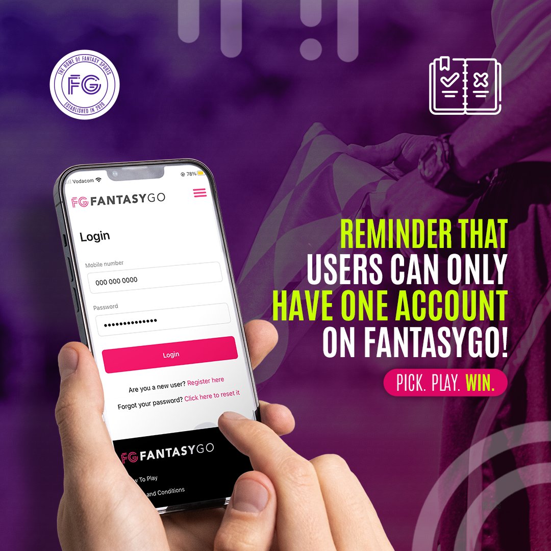 FantasyGo_sa's tweet photo. โ ๏ธ A user may only have one FantasyGo accountโ ๏ธ
As stated in our T&C, a user may only have one account on FantasyGo. Anyone found with multiple accounts will warrant being banned from the platform. โ
A reminder that we have open Football & Cricket contests โฝ๐
#LetsFantasyGo https://t.co/5UVvXQ2vhb