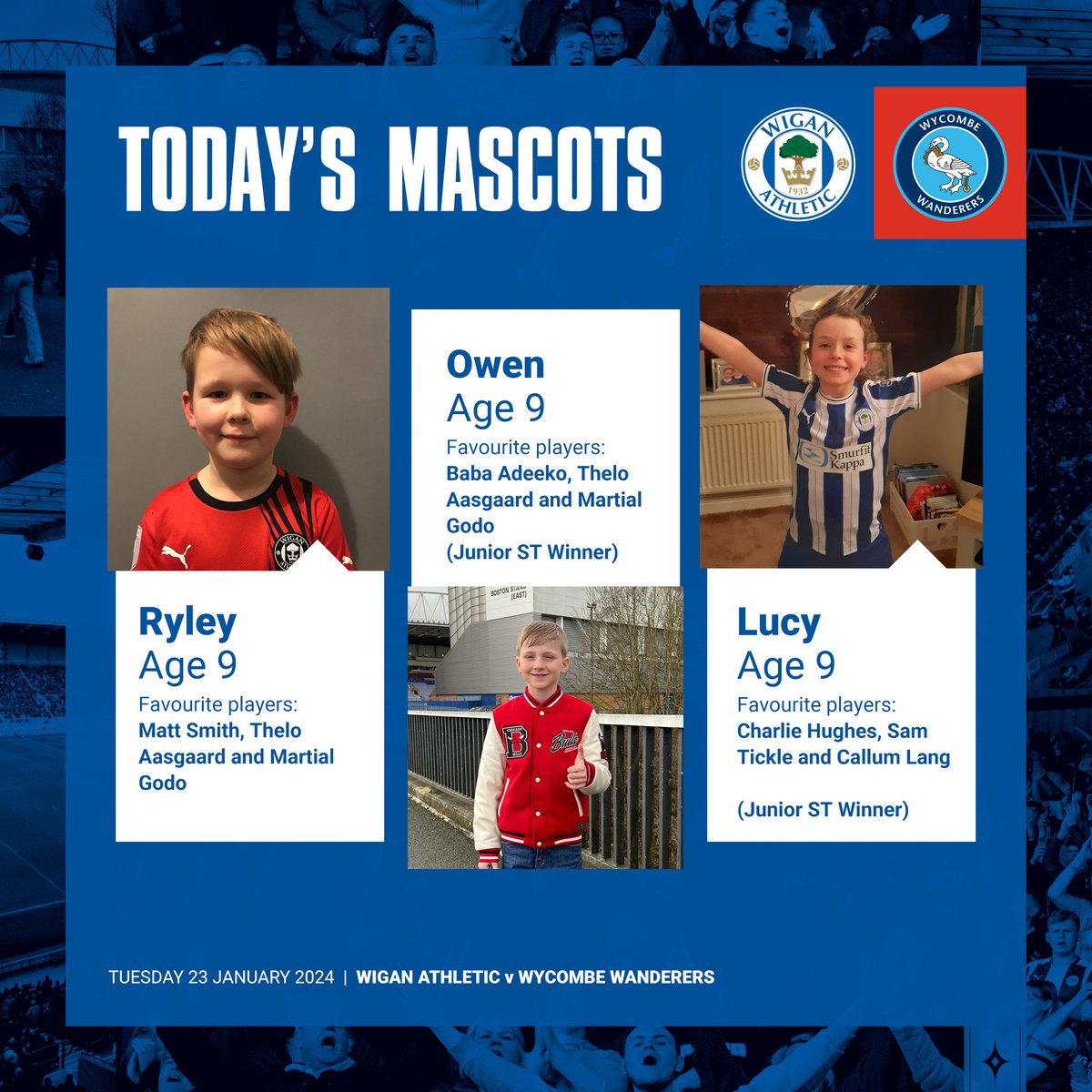 LaticsOfficial's tweet photo. 😃 👋 Say hello to our mascots for tonight's game against Wycombe Wanderers - have a great day!

Full details on mascot packages 👇

#wafc 🔵⚪️