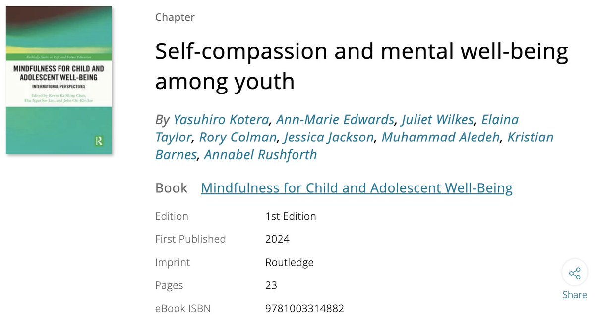 Dr Yasuhiro Kotera (@yasukotera) on Twitter photo Abstract of our book chapter "Self-compassion and mental well-being among youth" is now visible online. The book will be available on 29 Feb. Look forward to it π <a href="/routledgebooks/">Routledge Books</a> <a href="/taylor_elaina/">Dr Elaina Taylor</a> @JJResearchNurse taylorfrancis.com/chapters/edit/β¦ Abstract of our book chapter "Self-compassion and mental well-being among youth" is now visible online. The book will be available on 29 Feb. Look forward to it π <a href="/routledgebooks/">Routledge Books</a> <a href="/taylor_elaina/">Dr Elaina Taylor</a> @JJResearchNurse taylorfrancis.com/chapters/edit/β¦