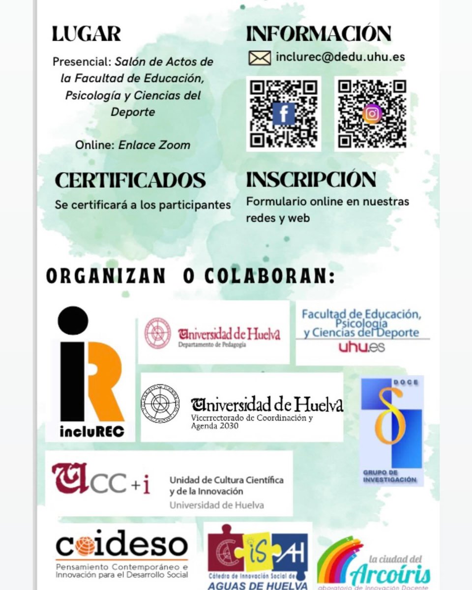 📣PRÓXIMA JORNADAS‼️

El próximo 30 y 31 de enero 🗓️ se celebrará 🎉en <a href="/UniHuelva/">Universidad de Huelva</a> la XVIII jornadas sobre los recursos para la #inclusión 🧩.

En estos dos días, se mostrarán los diferentes recursos 🧸🚂 y materiales ✏️adaptados para alumnado 👩🏻‍🎓🧑🏽‍🎓 con #nee