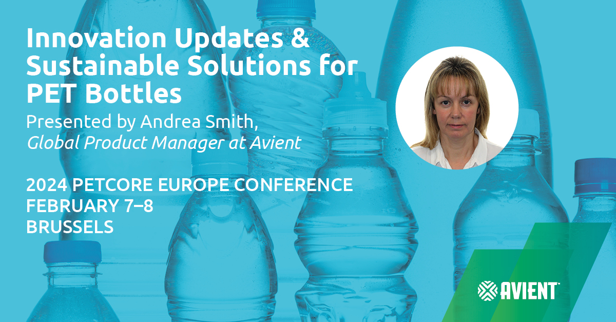 AvientCorp's tweet photo. We're attending the 2024 #Petcore Europe Conference February 7โ8 in Brussels as a Silver Sponsor! Andrea Smith will present our latest technology innovation for #PET bottles and shed light on other exciting sustainable solutions. ๐ฑ
Register here: https://t.co/WDhafDWfA9 https://t.co/djoN3BD87Y