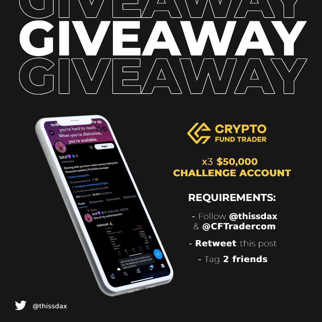 DAX (@thissdax) on Twitter photo GIVEAWAY💨
<a href="/CFTradercom/">Crypto Fund Trader</a> is giving away X3 $50,000 CHALLENGE ACCOUNT
*Follow <a href="/CFTradercom/">Crypto Fund Trader</a>
*Retweet this post &
*Tag 2 friends to qualify
I'll pick the winners in 48hours GIVEAWAY💨
<a href="/CFTradercom/">Crypto Fund Trader</a> is giving away X3 $50,000 CHALLENGE ACCOUNT
*Follow <a href="/CFTradercom/">Crypto Fund Trader</a>
*Retweet this post &
*Tag 2 friends to qualify
I'll pick the winners in 48hours