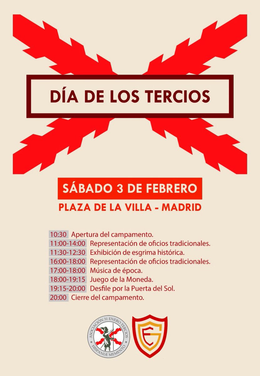 31EneroTercios's tweet photo. Los tercios vuelven a Madrid. El día 3 de febrero, en la Plaza de la Villa, organizamos una recreación histórica que trasladará a vecinos y visitantes al siglo XVI. 
Patrocinado y en colaboración con  @GestasdeEspaNa
¡Os esperamos! https://t.co/vkR8aoAFQP
