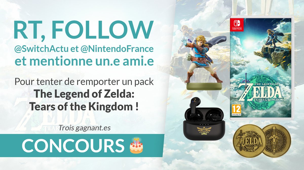 #CONCOURS 🎂 - Pour fêter notre 7e anniversaire, nous vous offrons trois packs The Legend of Zelda: #TearsOfTheKingdom !

Chaque pack est composé d'un exemplaire du JEU, d'un AMIIBO Link, d'une paire d'ECOUTEURS et d'une MEDAILLE à l'effigie du jeu !

Pour participer :
🔁 RT ce