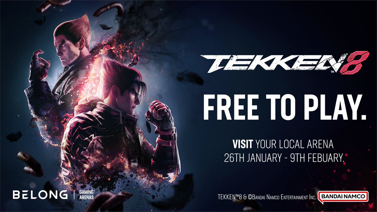 Play TEKKEN 8 for FREE! 👊
 
Visit Belong between January 26th and February 11th to try out the full game including:
🏐 TEKKEN Ball 
👾 Arcade Quest
👻 Ghost Battles
😡 Rage System

Find your local arena 👉 belong.gg/arenas