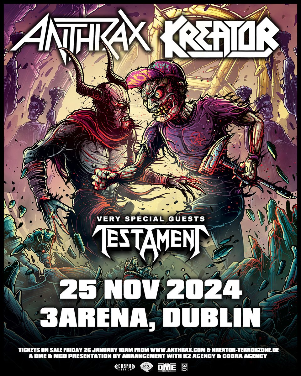 mcd_productions's tweet photo. ⚡️ International metal forces join in a monstrous union between US metal monsters, @Anthrax and German thrash titans @Kreator alongside very special guest, the Bay Area’s metal machine @Testament 🔥

⭕️ MCD PRESALE: https://t.co/sLnUnCXAkM
🎟️ Tickets on sale from 10am this Friday https://t.co/hF1QUVY9Yx