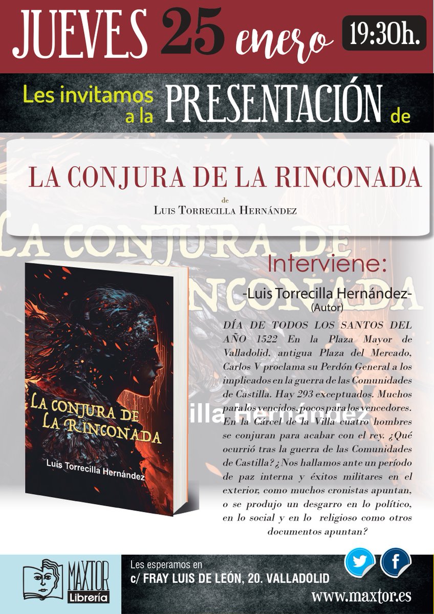 libreriamaxtor's tweet photo. Os recordamos que este jueves 25 tendremos en la tienda una presentación que no dejará indiferente a nadie.
Luis Torrecilla presenta su libro publicado por @GlyphosLibros "La conjura de la Rinconada". 
La presentación comenzará a las 19:30 y será de aforo gratuito
¡Os esperamos! https://t.co/9kX8fT32au